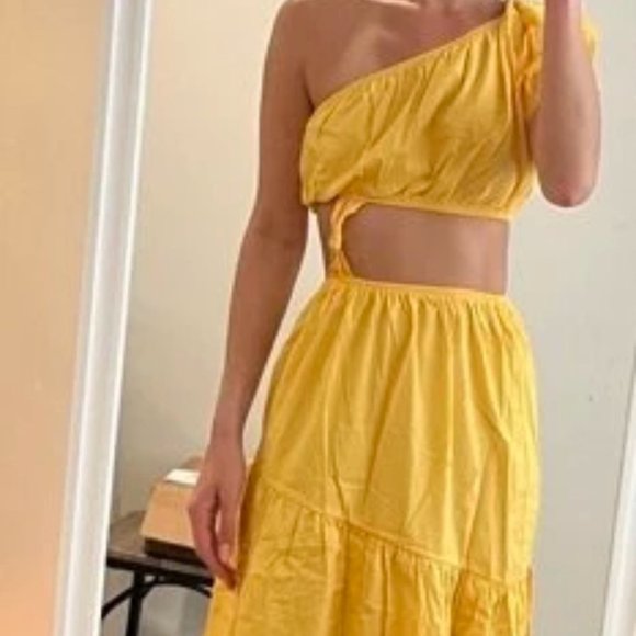 YELLOW PUFF SLEEVE ONE SHOULDER CUT OUT DETAIL MAXI DRESS SUMMER VACAY - Picture 7 of 8